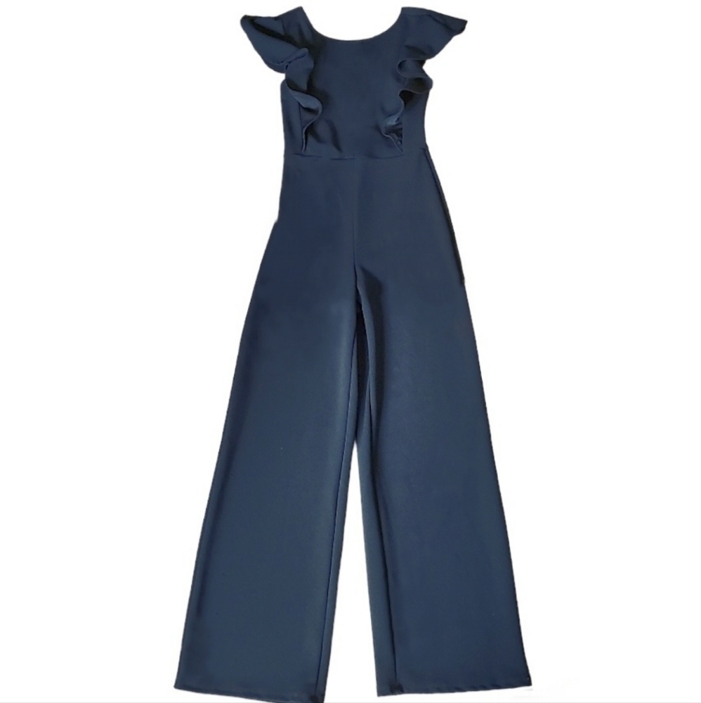 black wide leg jumpsuit w ruffle detail